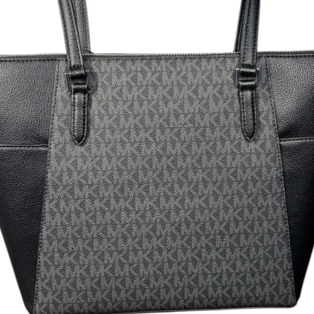 Michael Kors Charlotte Signature Logo Tote Bag Large Black Leather Zip‎ Top NWT